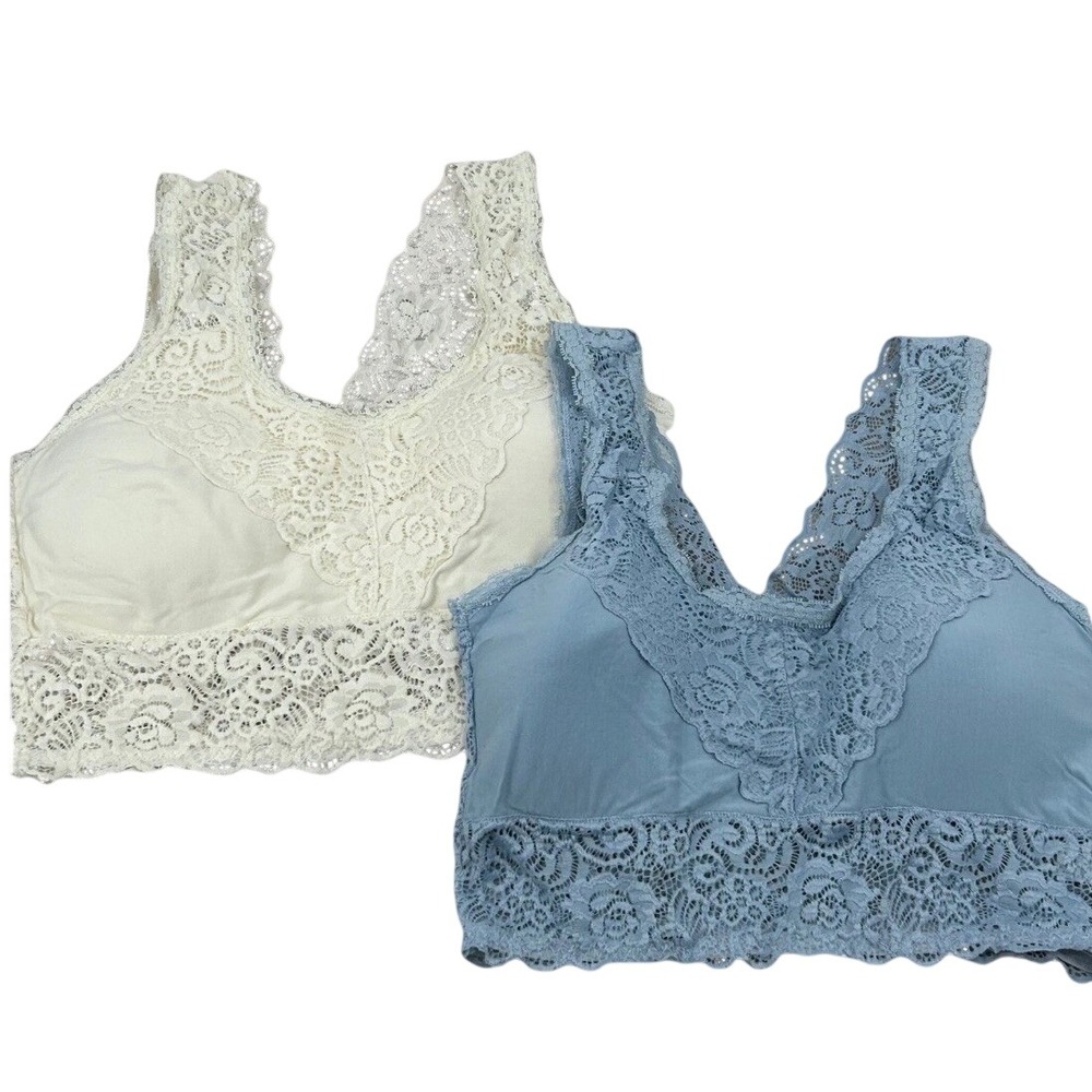 A Beautiful Soul‎ Lace Bralette Women B Blue White Floral Crop Boho Coquette 2PK